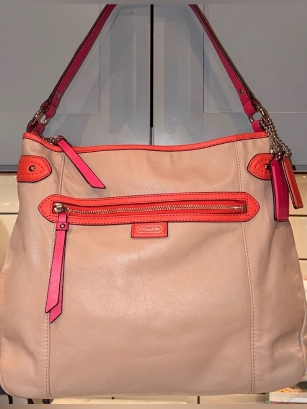Coach Beige Leather Shoulder Bag with Pink Trim